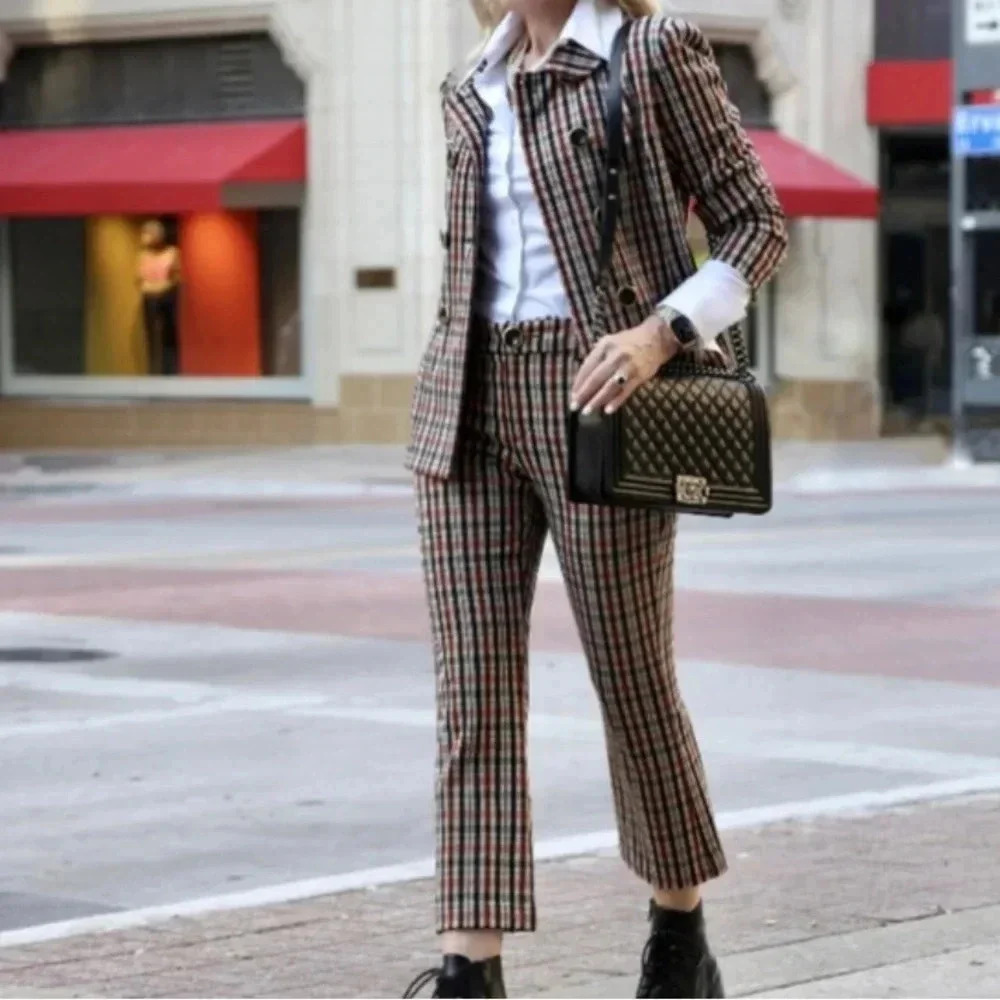 CAbi Jazzy Plaid Double Breasted Blazer‎ & Kick Flare Cropped Ankle Pants Set